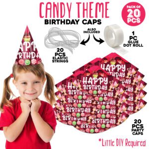 Candy Theme Birthday Party Hats, Happy Birthday Cone Party Hats for Kids (Pack of 20)