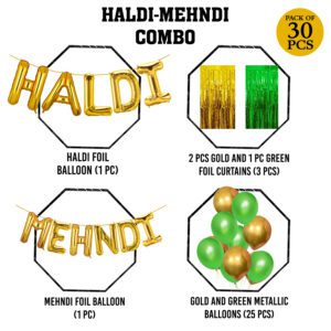Haldi and Mehndi Decoration Set – Foil Balloon with Metallic Balloons & Foil Curtains Decorations  (Pack of 30)