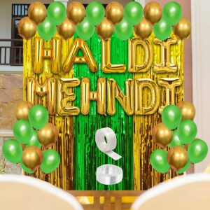 Haldi & Mehndi Decoration Set – Foil Balloon, Metallic Balloons, Foil Curtains & Glue Dot   (Pack of 67)