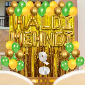 Mehndi & Haldi Decoration Set – Balloon with Foil Balloon, Foil Curtains & Glue Dot   (Pack of 66)