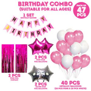 Birthday Decoration kit for Girls- Foil Curtain / Pink & Silver Star Foil Baloons / BirthDay Banner, Balloons 47 Pcs