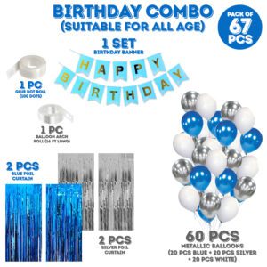 Birthday Decoration kit – Blue & Silver Foil Curtain / BirthDay Banner, Balloons  ( 67 PCS )