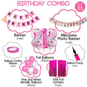 Birthday Decoration kit for Girls – Foil Curtain/Birthday Banner, Balloons for Kids   ( 61 Pcs  )