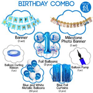 Birthday Decoration kit for Boys – Foil Curtain / Birthday Banner, Balloons for Kids  ( 61 Pcs )