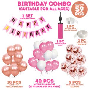 Birthday Decorations Set – Birthday Banner, White,Pink & Rosegold Balloons with Rosegold Confetti Balloons  59 PCS