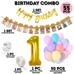 Birthday Decoration Items-Including Banner,Milestone Banner,Balloons,Foil Balloons & Glue dot  (Pack of 55)