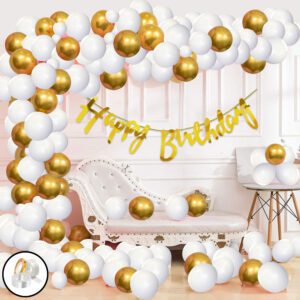 Birthday Decorations Items Including Banner, White & Gold Balloons,Ribbon & Glue dot  (Pack of 64)
