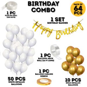Birthday Decorations Items Including Banner, White & Gold Balloons,Ribbon & Glue dot  (Pack of 64)