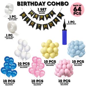 Birthday Decoration Kit- Birthday Banner, Metallic & Pastel Balloons, Ballon Pump & Glue dot  (Pack of 64)