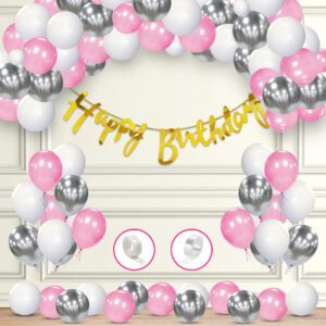 Birthday Decorations Combo – Birthday Banner, White Silver & Pink Balloons, Balloon Pump & Glue dot  (Pack of 64)