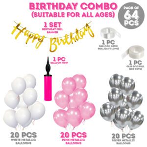 Birthday Decorations Combo – Birthday Banner, White Silver & Pink Balloons, Balloon Pump & Glue dot  (Pack of 64)