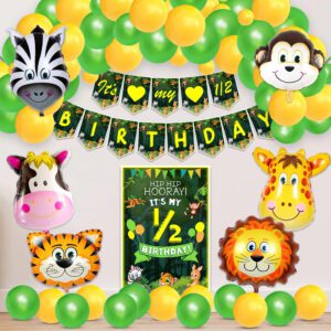 Jungle Safari Half Birthday Decorations Combo Included Banner with Metallic Balloons, Paper Board and Foil Balloons (Pack of 38)