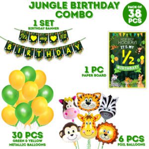Jungle Safari Half Birthday Decorations Combo Included Banner with Metallic Balloons, Paper Board and Foil Balloons (Pack of 38)