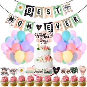 Mothers Day Decorations – Banner with Balloons, Cake & Cupcake Topper Mothers Day Decorations  37 PCS