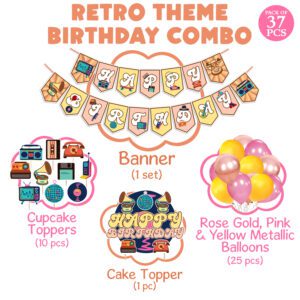 Retro Theme Birthday Decorations Combo Including Birthday Banner, Cake & Cupcake Toppers, Balloons  37 Pcs