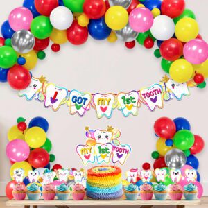 I Got My First Tooth Decoration / First Tooth Decoration Items- Banner With Balloons, Cake Topper  ( Pack Of 37 )