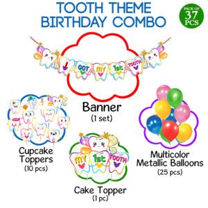 I Got My First Tooth Decoration / First Tooth Decoration Items- Banner With Balloons, Cake Topper  ( Pack Of 37 )