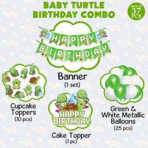 Turtle Birthday Party Decorations- Includes Banner, CakeTopper, Cupcake Toppers, Balloons ( Pack Of 37 )