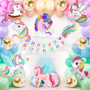 Unicorn Birthday Decorations Combo – Banner, Balloons, Cardstock CutOut, Gold Confetti Balloons  (Set of 54)