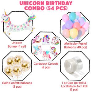 Unicorn Birthday Decorations Combo – Banner, Balloons, Cardstock CutOut, Gold Confetti Balloons  (Set of 54)
