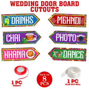 Haldi Ceremony Door Decoration – Mehndi / Haldi Party Door Board, Ribbon & Glue Dot  ( Pack Of 8 )
