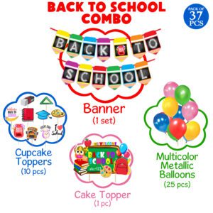 Multicolor Back To School Decoration Combo – Banner, Balloons, Cake Topper & Cupcake Topper (Pack Of 37)