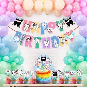 Tooth Theme Birthday Decoration Set -Banner, Multicolor Balloons, Cake Topper, Cupcake Topper  (Pack Of 37)