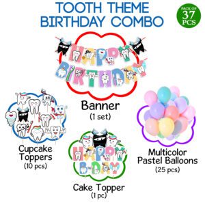 Tooth Theme Birthday Decoration Set -Banner, Multicolor Balloons, Cake Topper, Cupcake Topper  (Pack Of 37)