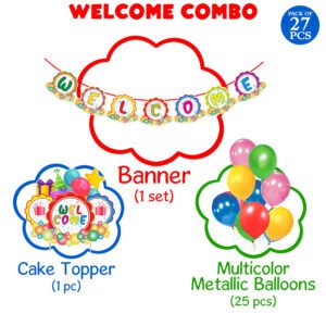 Welcome Decorations Combo – Welcome Banner, Balloons , Cake Topper (Pack of 27)