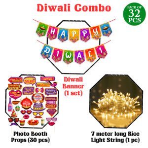 Diwali Decorations Set – Diwali Banner with Photo Booth Props & Rice Light (Pack of 32)