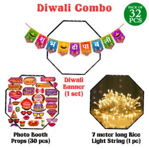 Diwali Decorations Kit – Banner with Photo Booth Props & Rice Light (Pack Of 32)