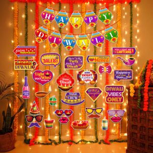 Happy Diwali Decorations Set – Diwali Banner With Photo Booth Props & Rice Light (Pack Of 32)