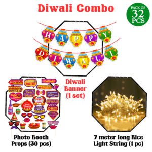 Happy Diwali Decorations Set – Diwali Banner With Photo Booth Props & Rice Light (Pack Of 32)