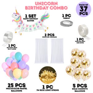 Unicorn Theme Birthday Decorations – Banner, Pastel Balloons, Rice Light (Pack Of 37)