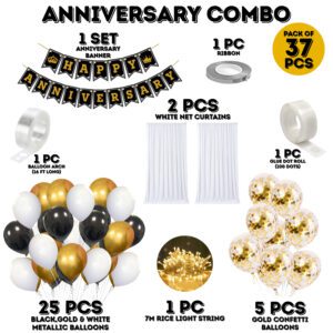 Happy Anniversary Decoration Items – Banner, Rice Light, Gold Confetti Balloons (Pack Of 37)
