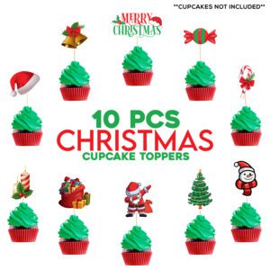 Merry Christmas Cup Cake Toppers – Xmas Party Cake Decoration (Pack Of 10)