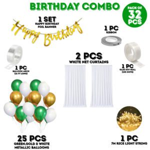 Cabana Tent Birthday Decorations Kit – Banner, Balloons, Rice Light, White Net Curtains (Pack Of 32)