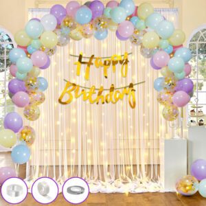 Canopy Tent Birthday Decorations – Banner, Pastel Balloons, Rice Light, Gold Confetti Balloons (Pack Of 37)