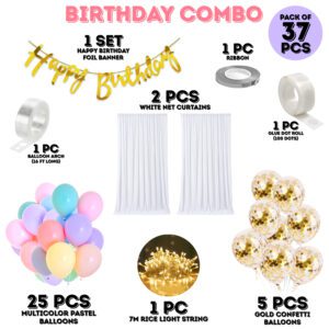Canopy Tent Birthday Decorations – Banner, Pastel Balloons, Rice Light, Gold Confetti Balloons (Pack Of 37)