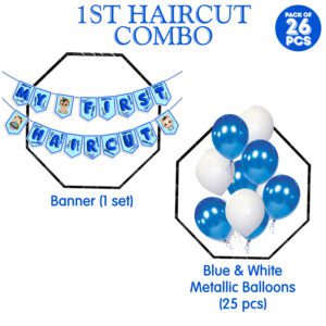 My First Hair Cut Ceremony Decorations Items for Boys – Banner & Balloons (Pack Of 26)