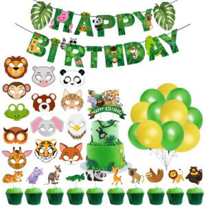 Jungle Safari Birthday Decorations Combo – Banner, Balloons, Cake Topper (Pack of 50)