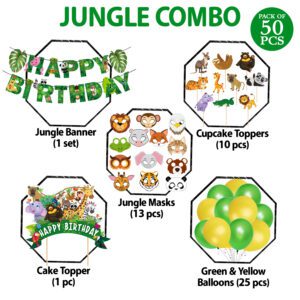 Jungle Safari Birthday Decorations Combo – Banner, Balloons, Cake Topper (Pack of 50)