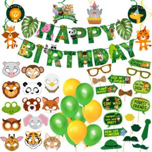 Jungle Safari Birthday Decorations With Banner, Balloons, Jungle Swirls (Pack of 63)