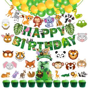 Jungle Safari Happy Birthday Decoration Kids – Banner, Character Banner, Balloons (Pack of 51)