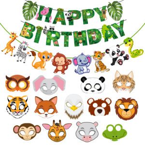 Jungle Safari Happy Birthday Decorations – Birthday Banner with Character Banner & Masks (Pack of 15 )