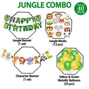 Jungle Safari Birthday Decorations – Banner, Character Banner, Balloons with Masks (Pack of 40)