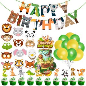 Jungle Safari Happy Birthday Decorations – Banner,Cup Cake Topper & Masks (Pack of 50)