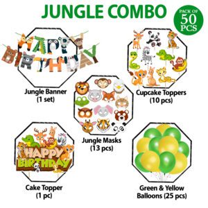 Jungle Safari Happy Birthday Decorations – Banner,Balloons, Cake Topper & Masks (Pack of 50)