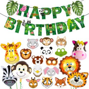 Jungle Safari Birthday Decoration Kit – Banner with Foil Balloons And Masks (Pack of 20)