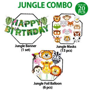 Jungle Safari Birthday Decoration Kit – Banner with Foil Balloons And Masks (Pack of 20)